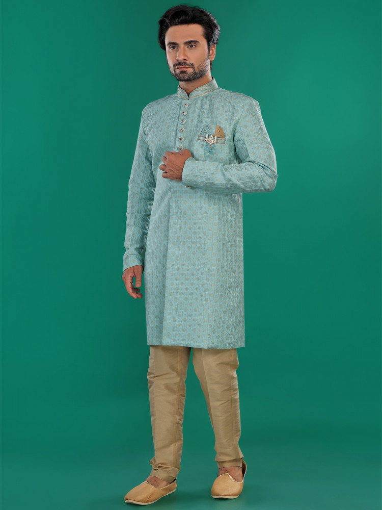 Sky Blue Jacquard Silk Brocade Embroidered Party Wedding Kurta