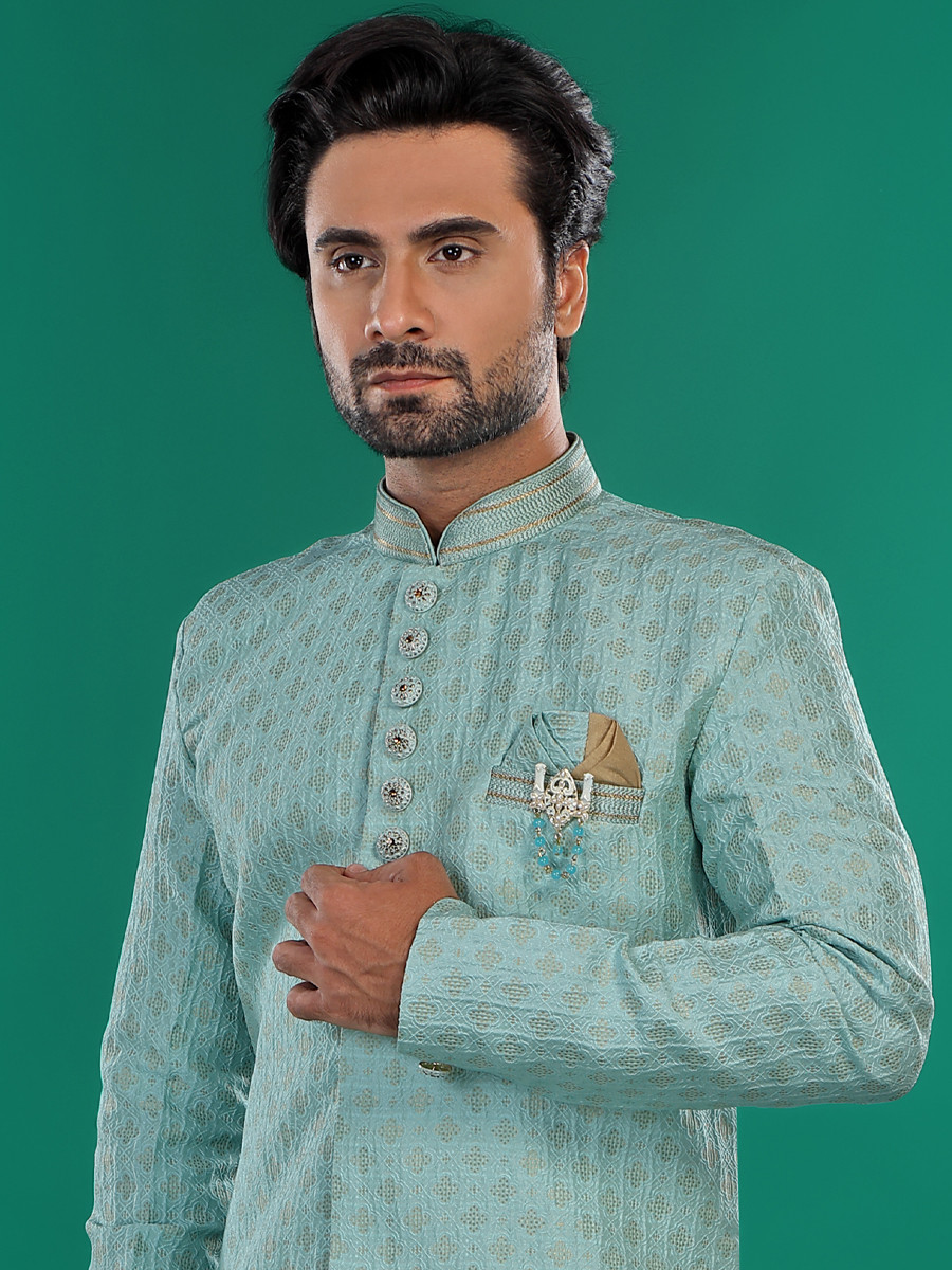 Sky Blue Jacquard Silk Brocade Embroidered Party Wedding Kurta