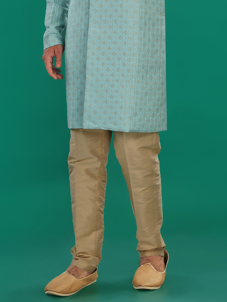 Sky Blue Jacquard Silk Brocade Embroidered Party Wedding Kurta