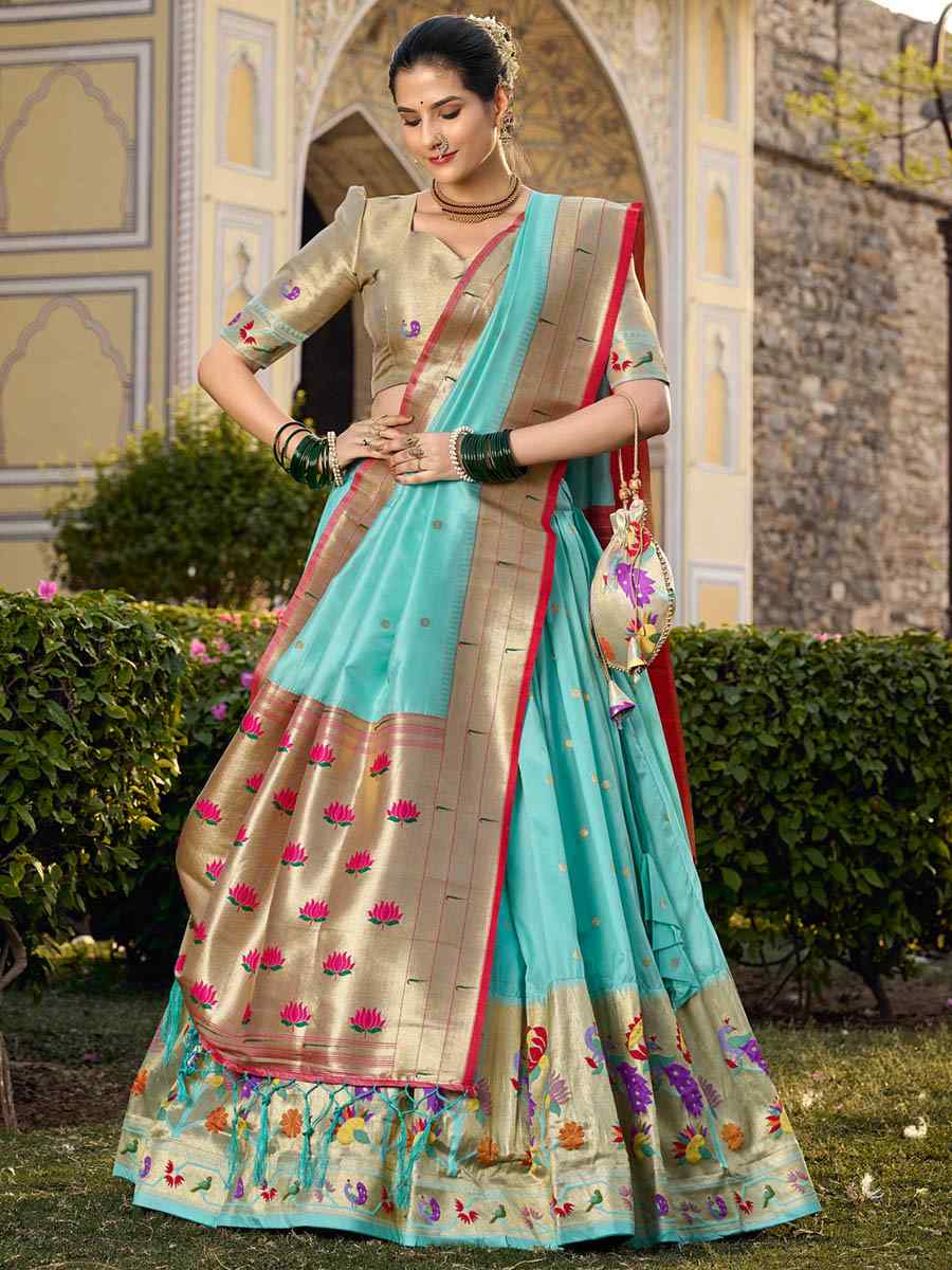 Sky Blue Jacquard Silk Paithani Embroidered Bridesmaid Wedding Heavy Border Lehenga Choli