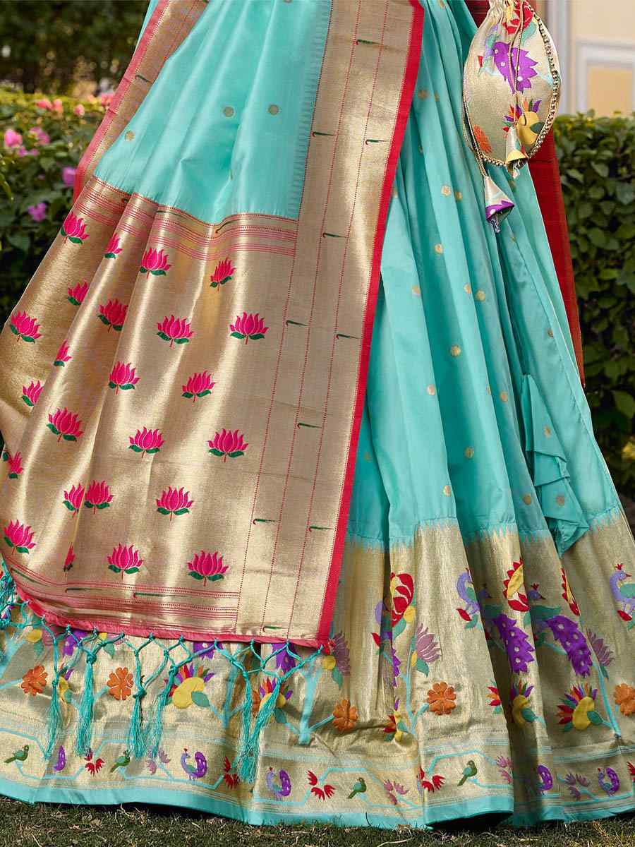 Sky Blue Jacquard Silk Paithani Embroidered Bridesmaid Wedding Heavy Border Lehenga Choli