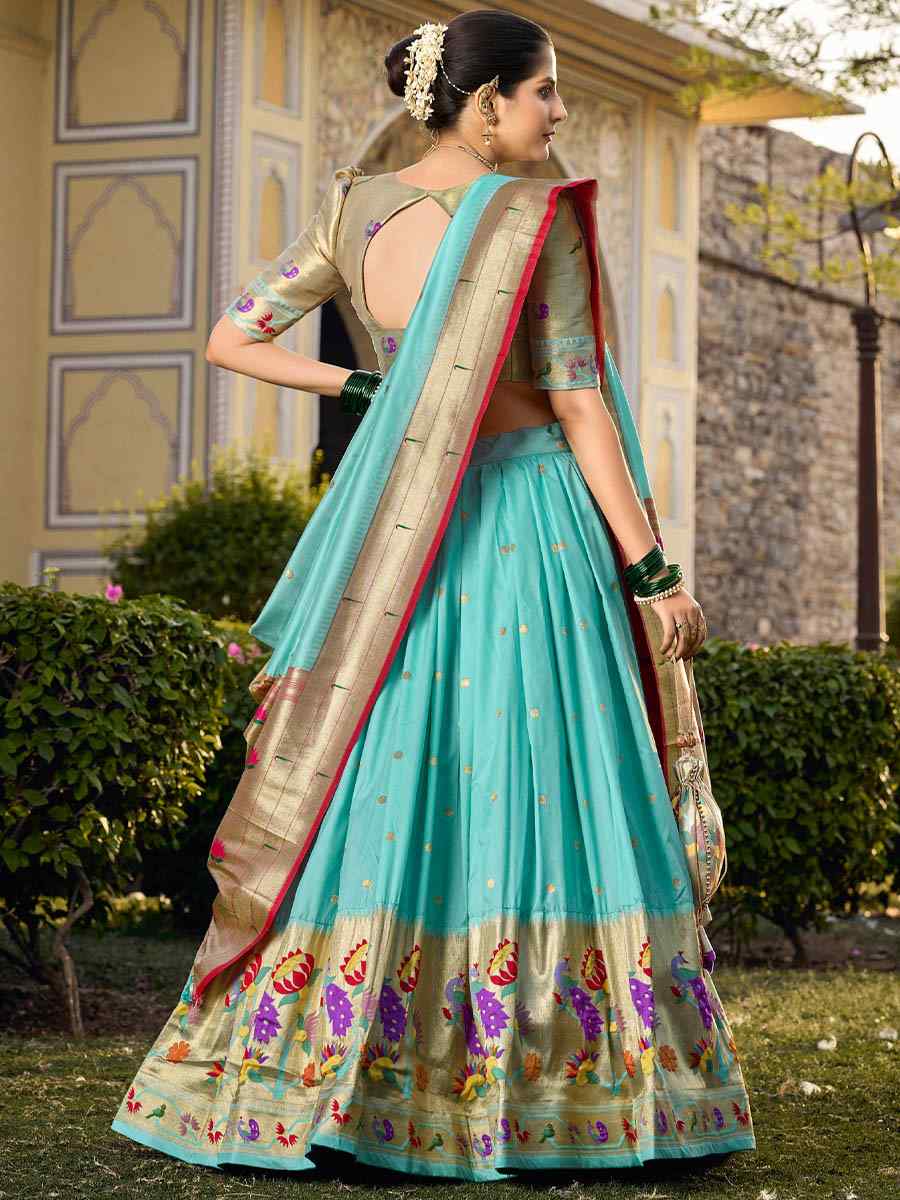 Sky Blue Jacquard Silk Paithani Embroidered Bridesmaid Wedding Heavy Border Lehenga Choli