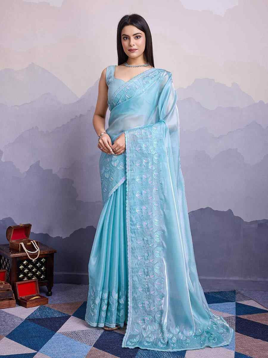 Sky Blue Jimmy Choo Embroidered Festival Party Heavy Border Saree