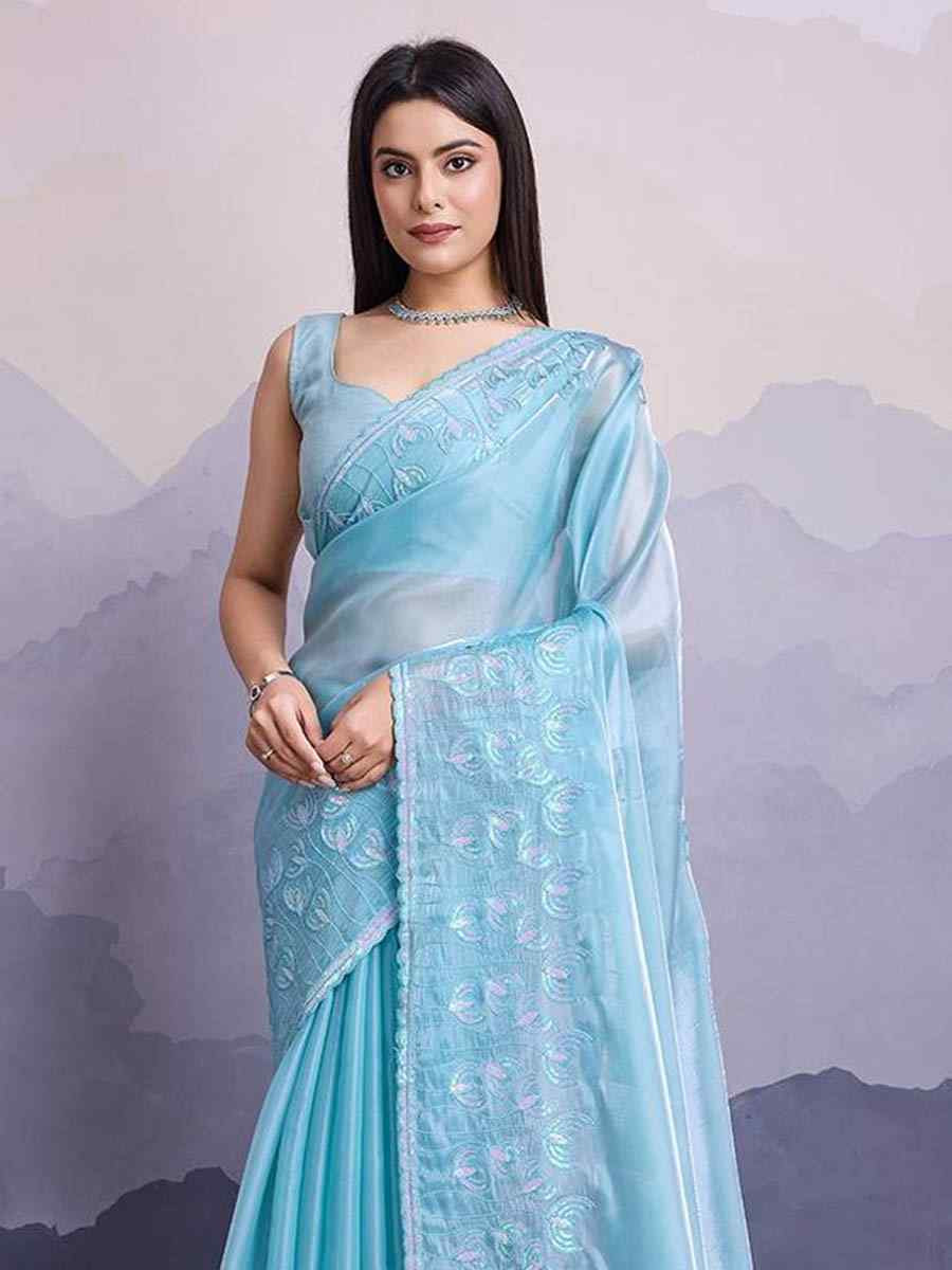 Sky Blue Jimmy Choo Embroidered Festival Party Heavy Border Saree