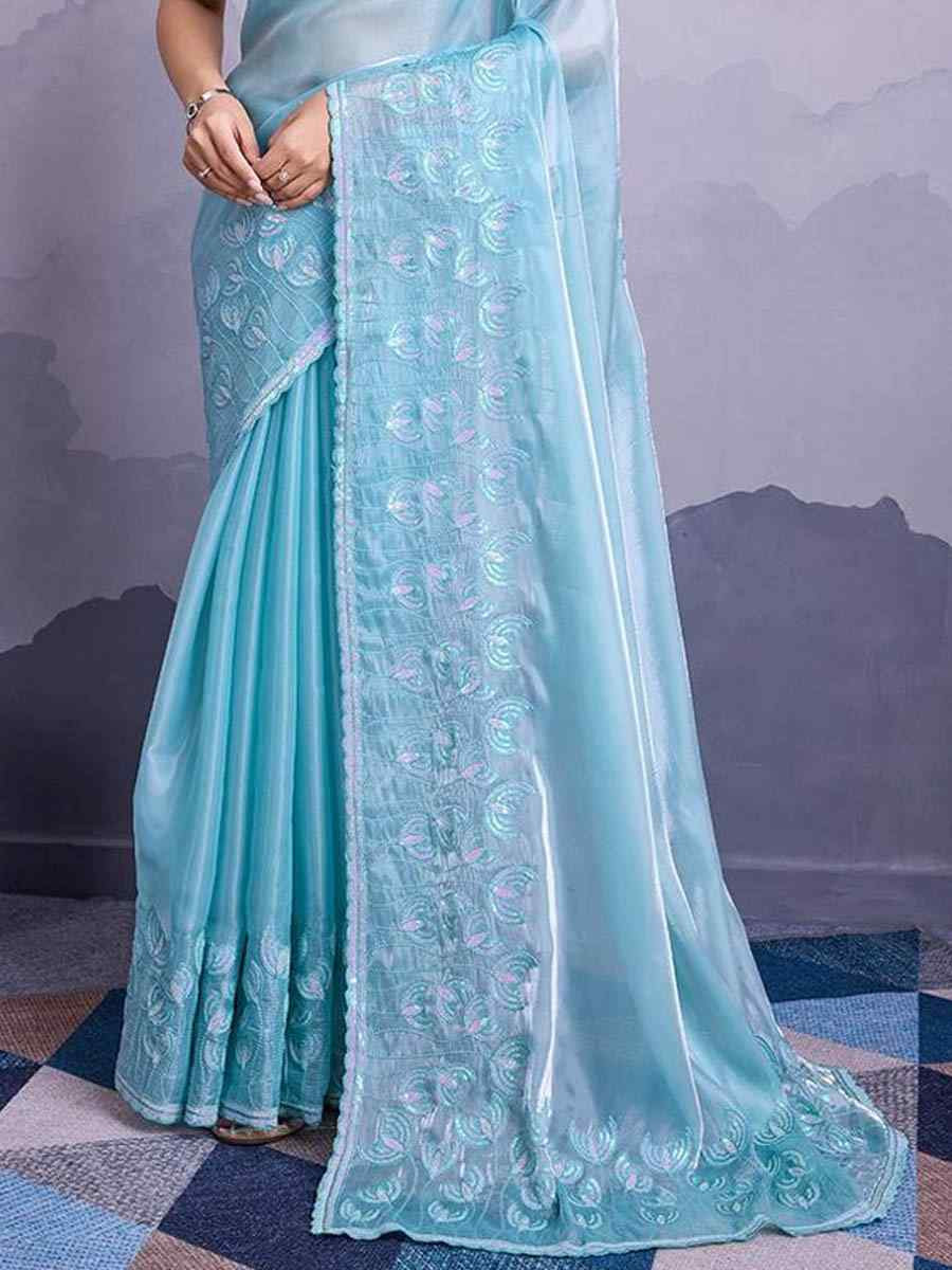 Sky Blue Jimmy Choo Embroidered Festival Party Heavy Border Saree