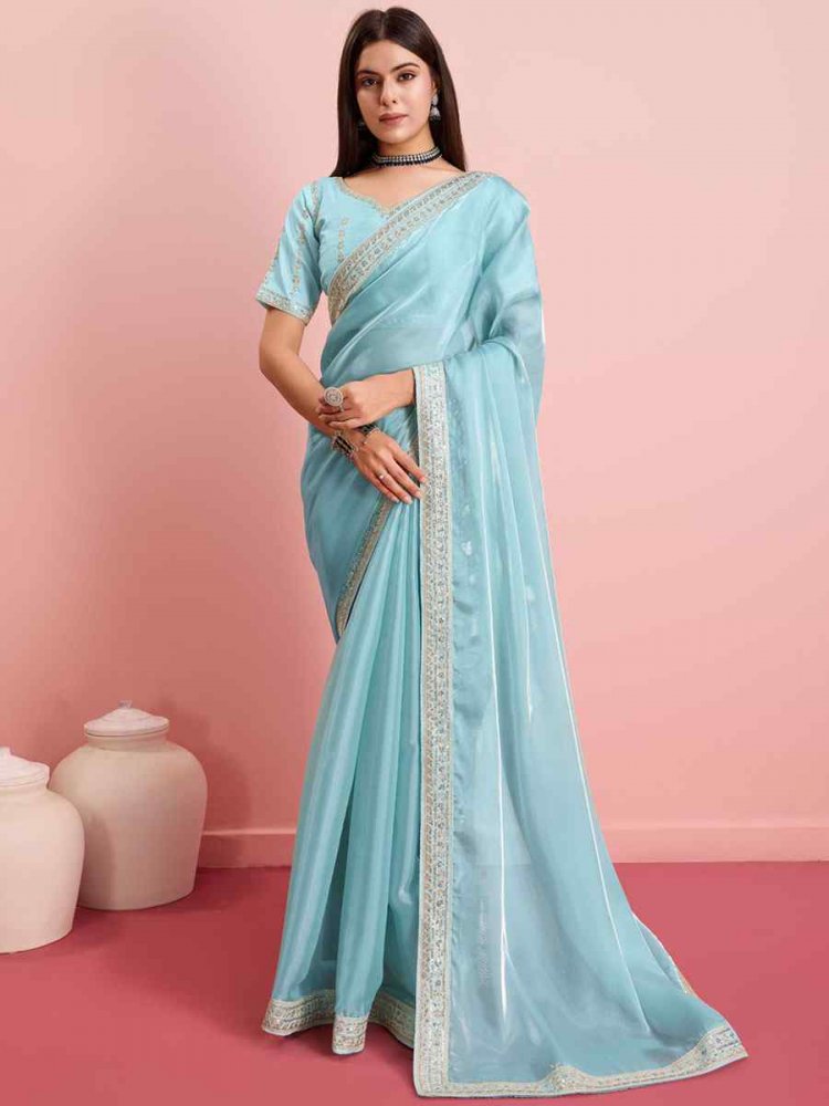 Sky Blue Jimmy Choo Embroidered Party Festival Classic Style Saree
