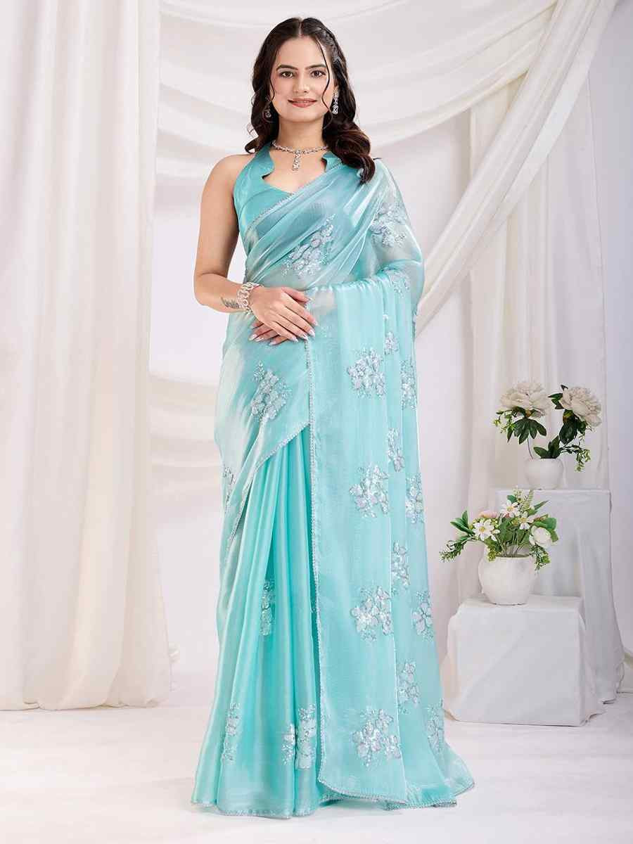 Sky Blue Jimmy Choo Handwoven Festival Wedding Heavy Border Saree