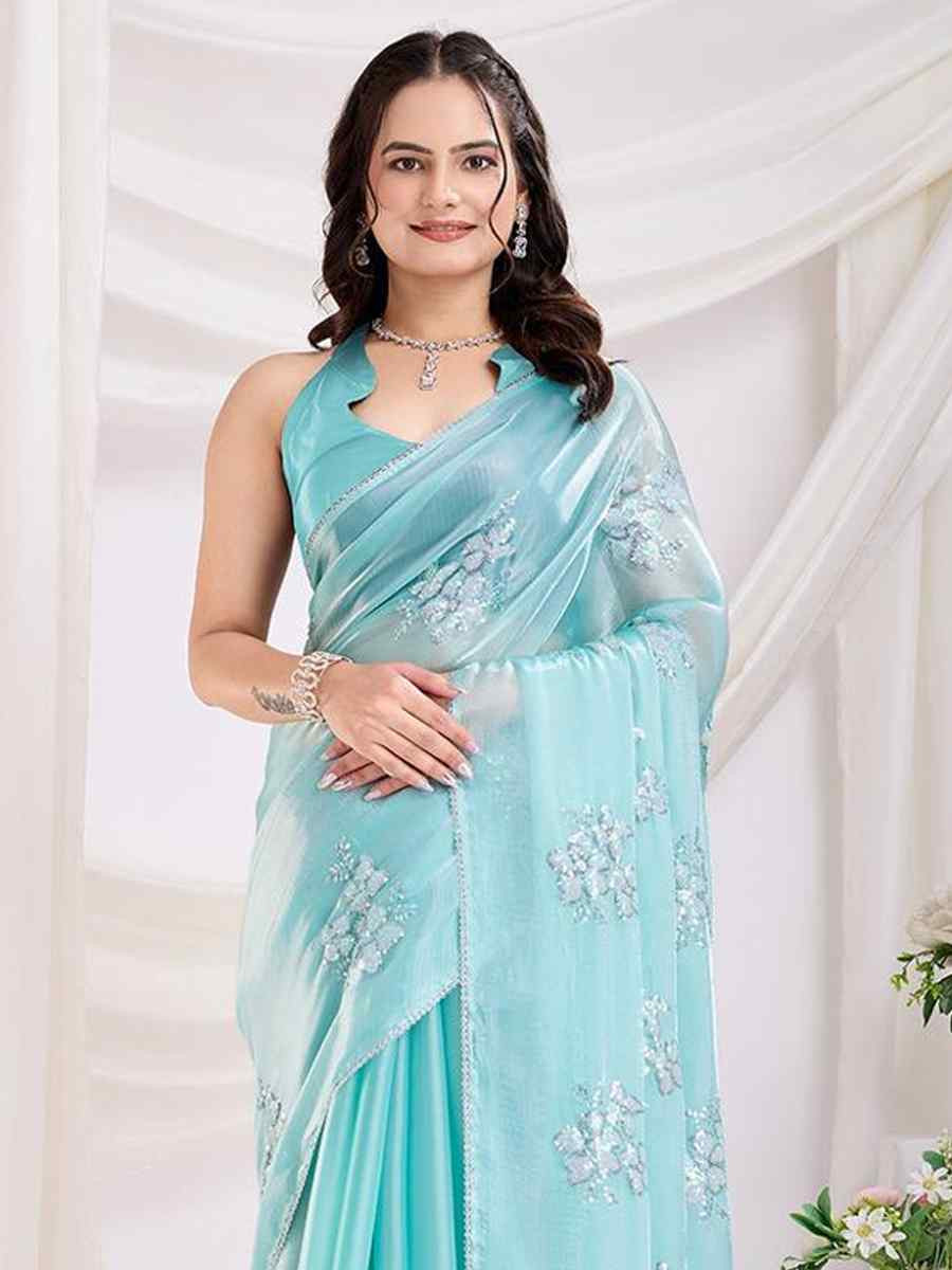 Sky Blue Jimmy Choo Handwoven Festival Wedding Heavy Border Saree