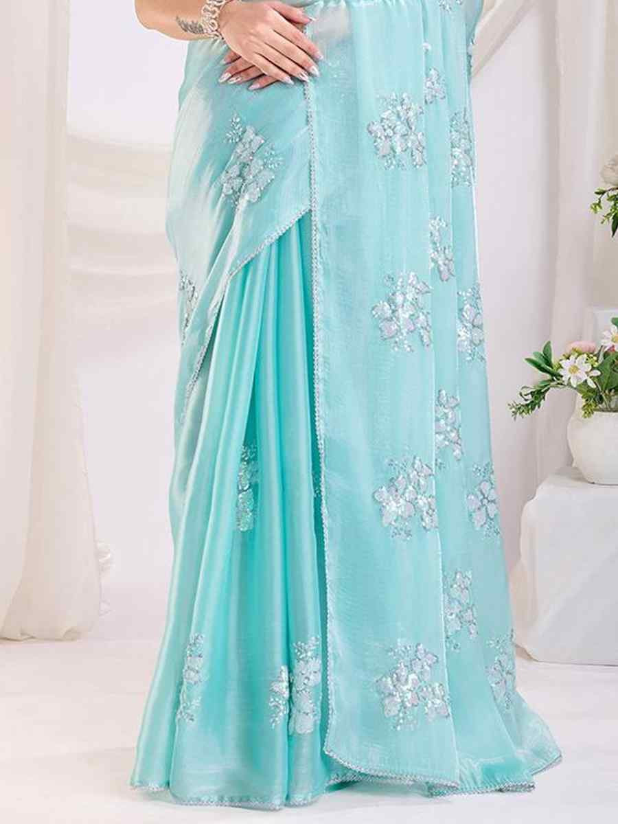 Sky Blue Jimmy Choo Handwoven Festival Wedding Heavy Border Saree