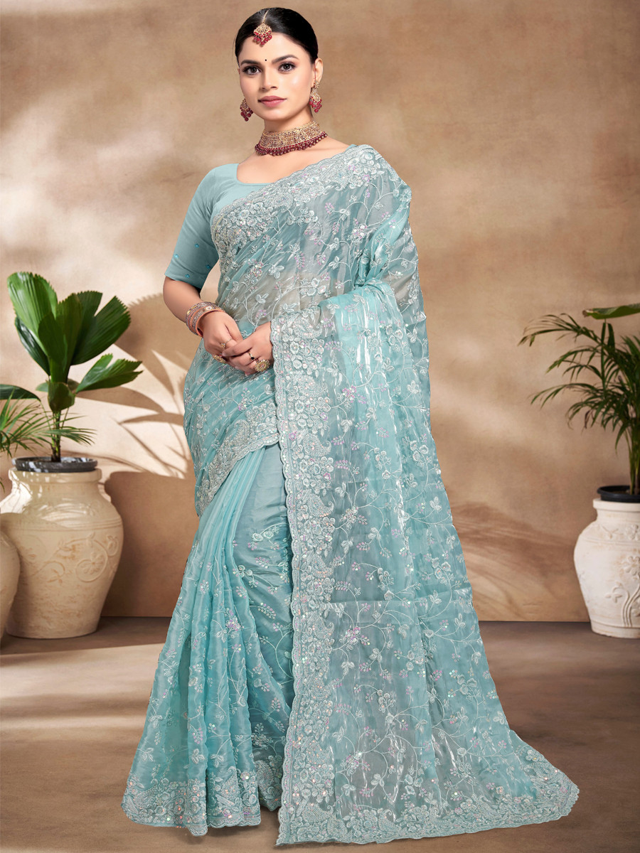 Sky Blue Jimmy Choo Silk Embroidered Reception Wedding Heavy Border Saree