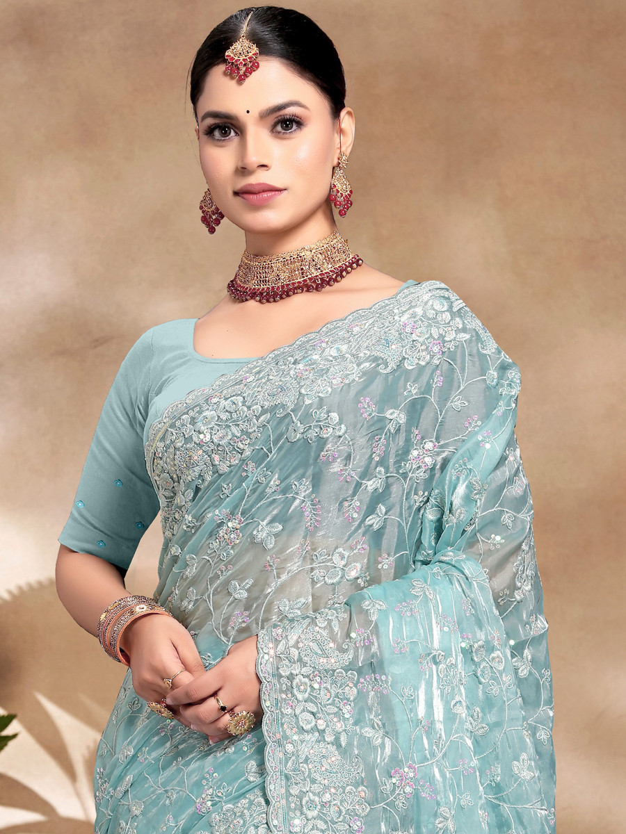 Sky Blue Jimmy Choo Silk Embroidered Reception Wedding Heavy Border Saree