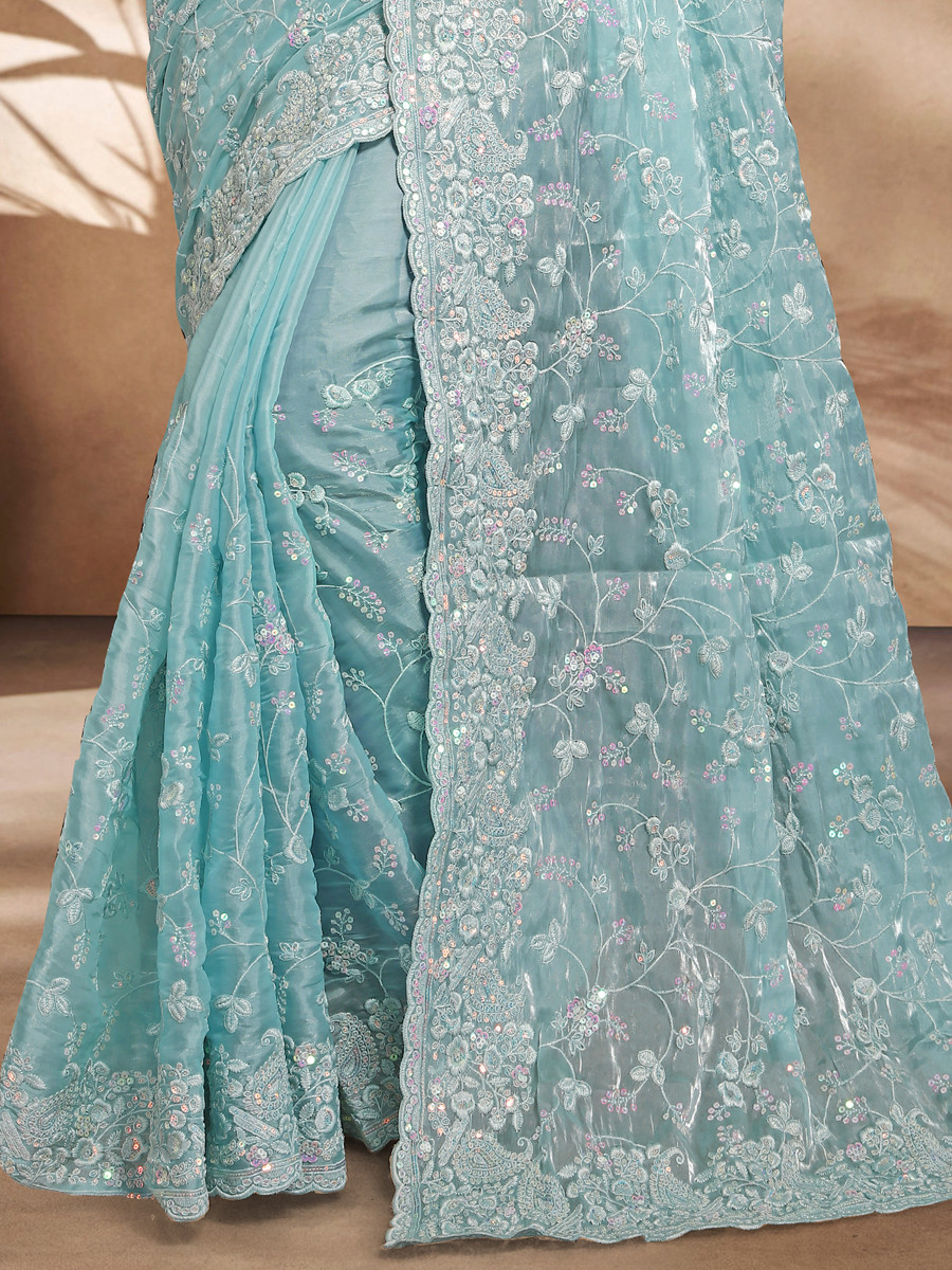 Sky Blue Jimmy Choo Silk Embroidered Reception Wedding Heavy Border Saree