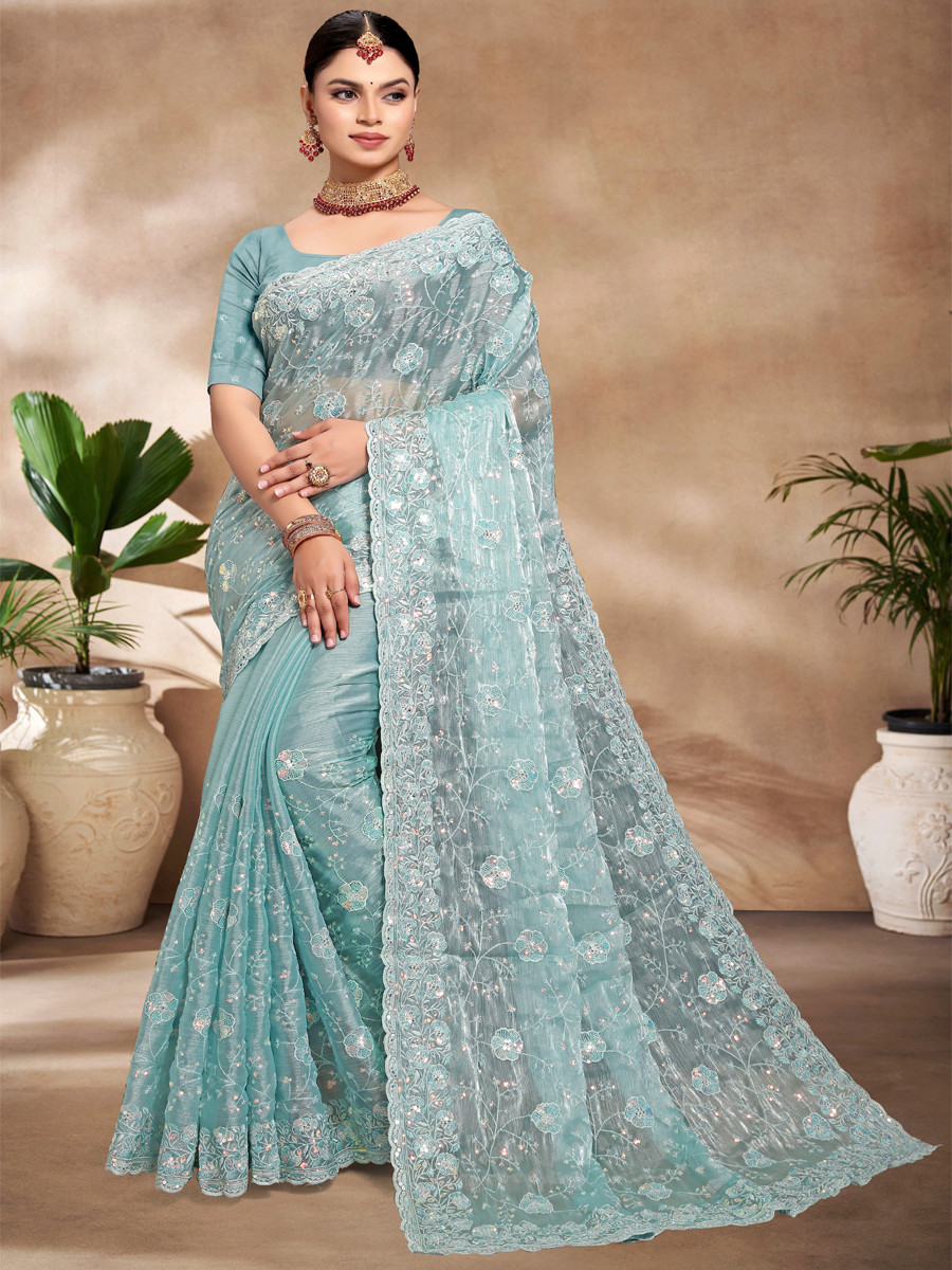 Sky Blue Jimmy Choo Silk Embroidered Reception Wedding Heavy Border Saree