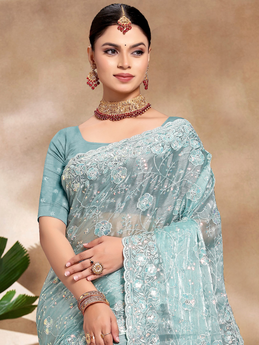 Sky Blue Jimmy Choo Silk Embroidered Reception Wedding Heavy Border Saree