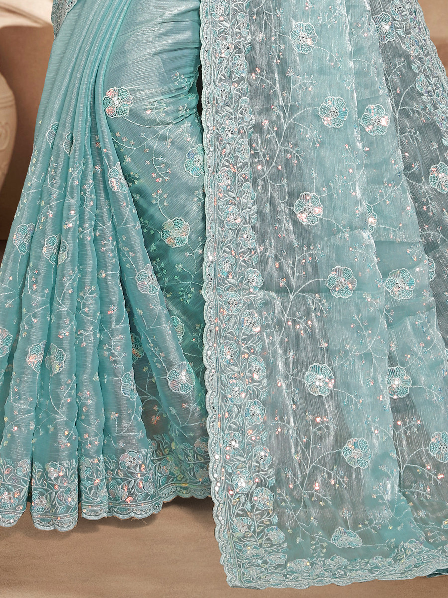 Sky Blue Jimmy Choo Silk Embroidered Reception Wedding Heavy Border Saree