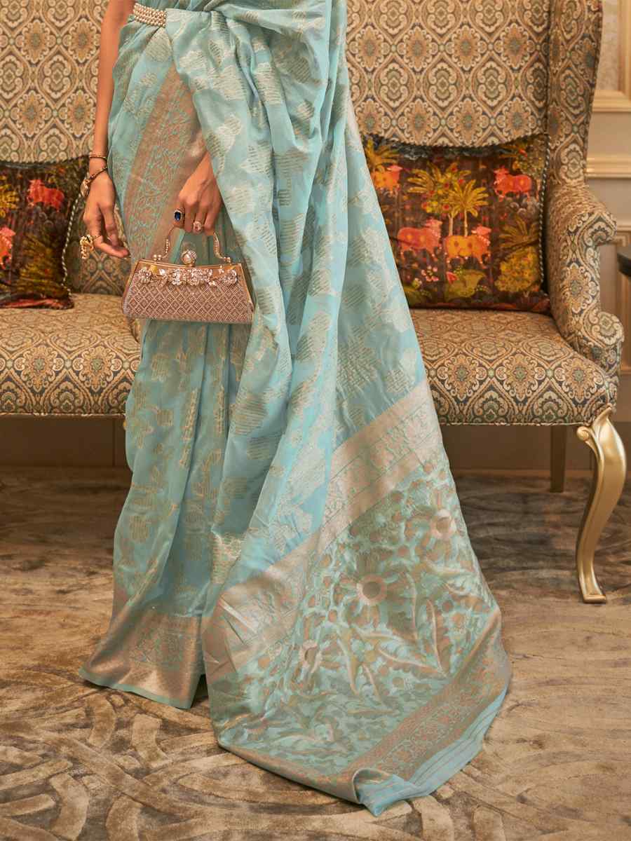 Sky Blue Kanjivaram Silk Handwoven Wedding Festival Heavy Border Saree