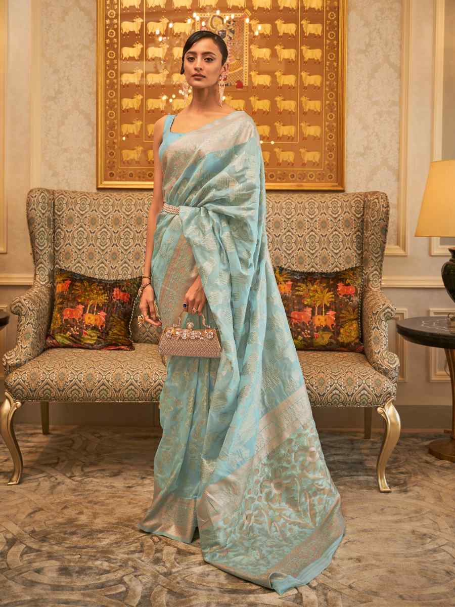 Sky Blue Kanjivaram Silk Handwoven Wedding Festival Heavy Border Saree