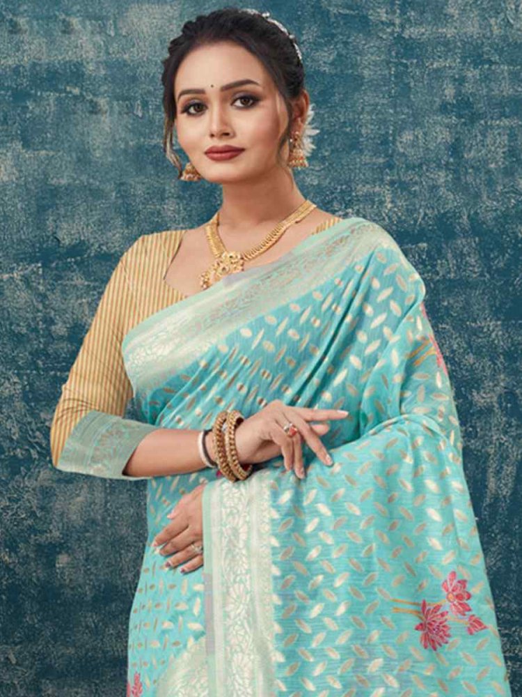 Buy sheladiya Printed Chanderi Cotton Silk Light Blue Sarees Online @ Best  Price In India | Flipkart.com