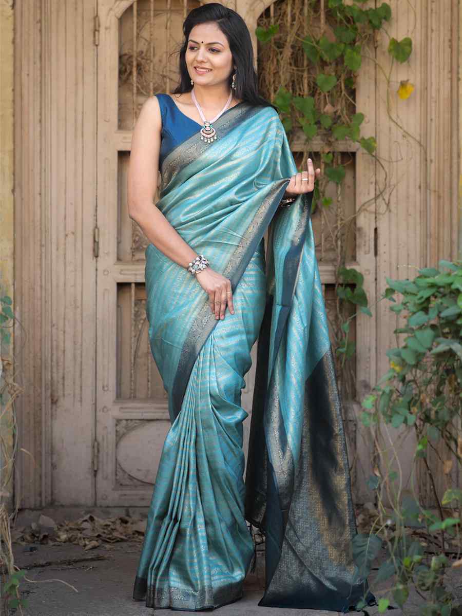 Sky Blue Kubera Pattu Handwoven Casual Festival Heavy Border Saree