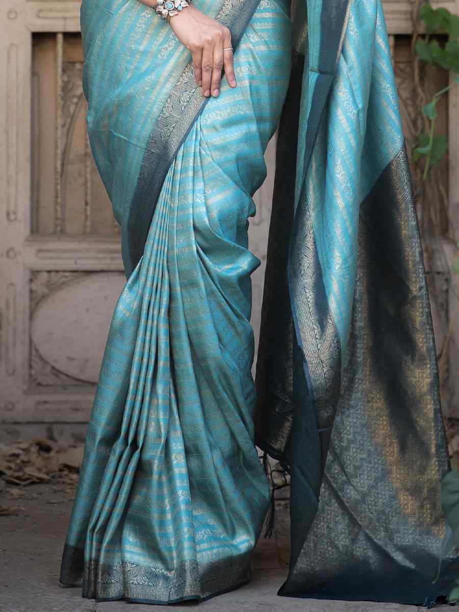 Sky Blue Kubera Pattu Handwoven Casual Festival Heavy Border Saree