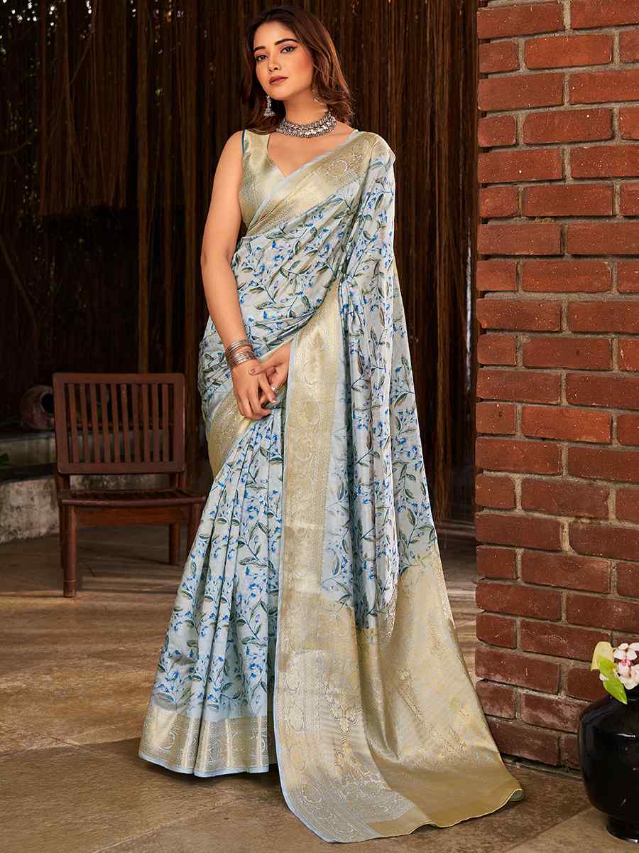 Sky Blue Litchi Jacquard Printed Festival Casual Classic Style Saree