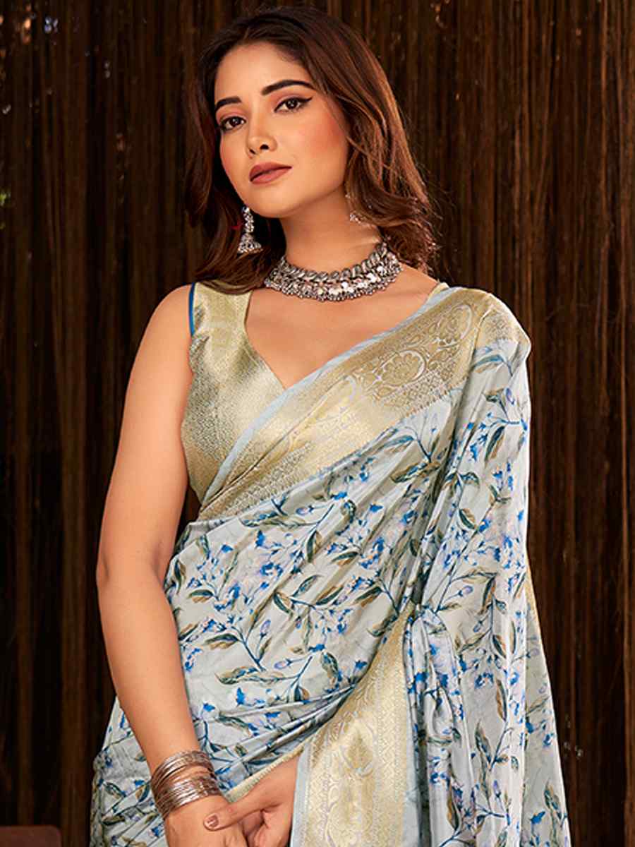 Sky Blue Litchi Jacquard Printed Festival Casual Classic Style Saree