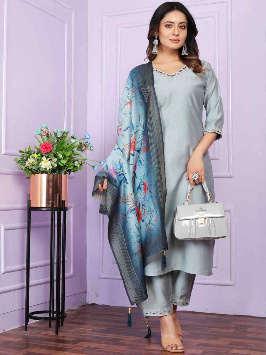 Sky Blue Modal Silk Embroidered Festival Mehendi Ready Pant Salwar Kameez