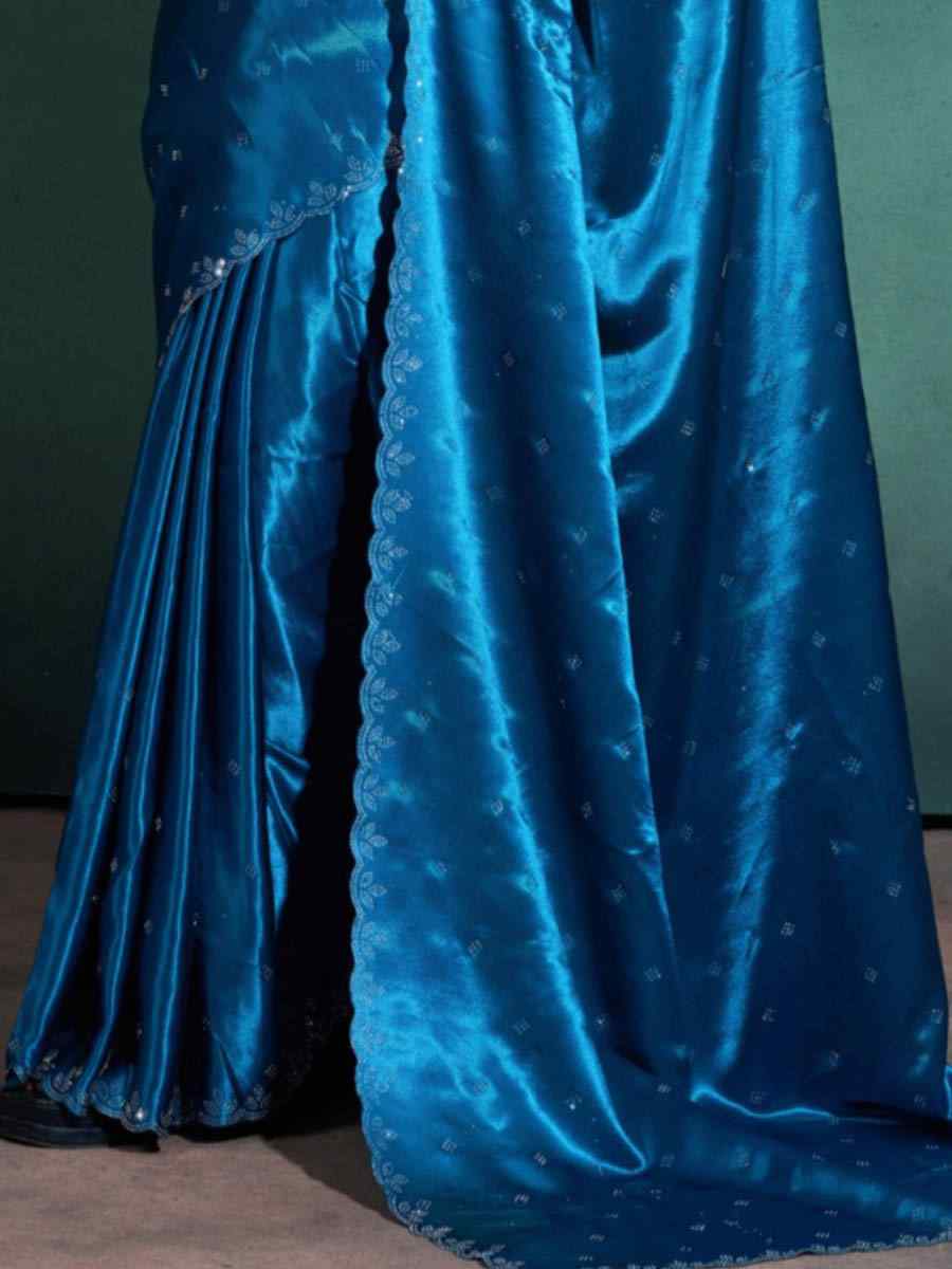 Sky Blue Moss Satin Embroidered Festival Party Heavy Border Saree