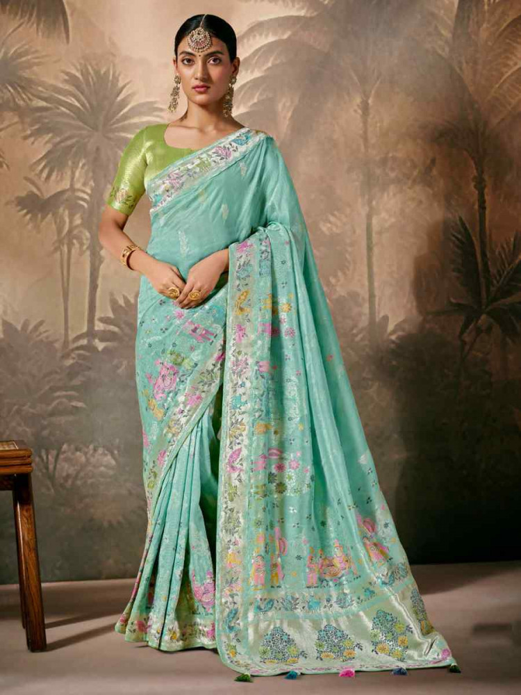 Sky Blue Munga Silk Embroidered Reception Wedding Heavy Border Saree