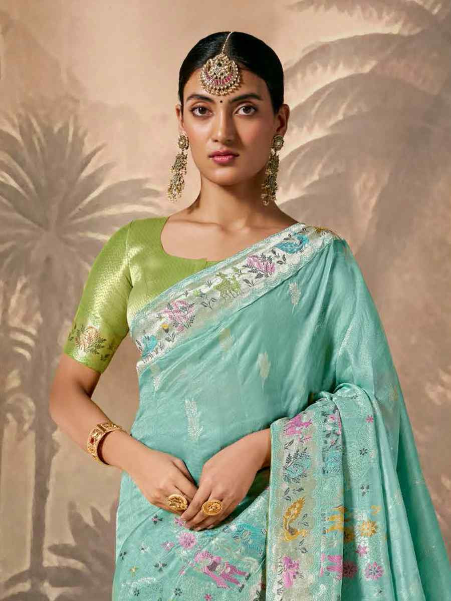 Sky Blue Munga Silk Embroidered Reception Wedding Heavy Border Saree