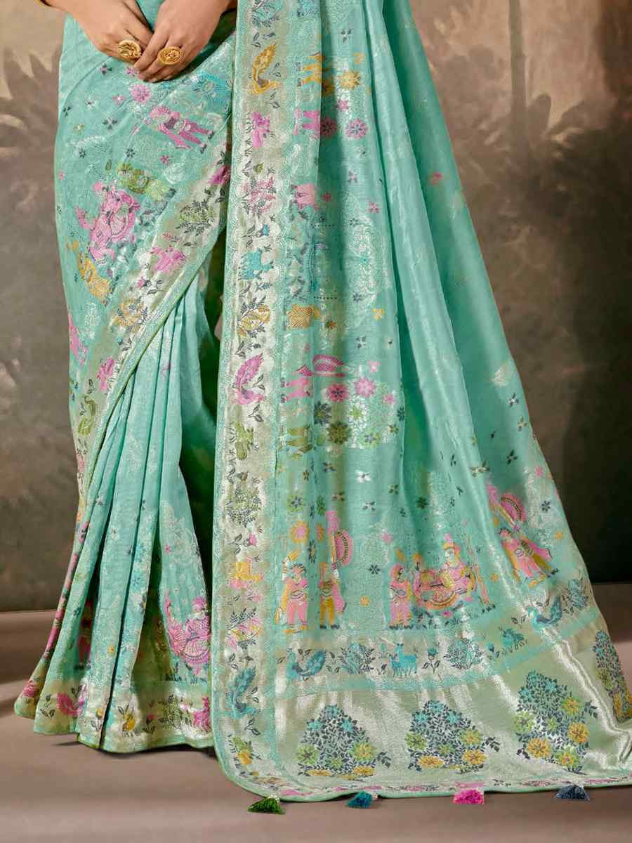 Sky Blue Munga Silk Embroidered Reception Wedding Heavy Border Saree