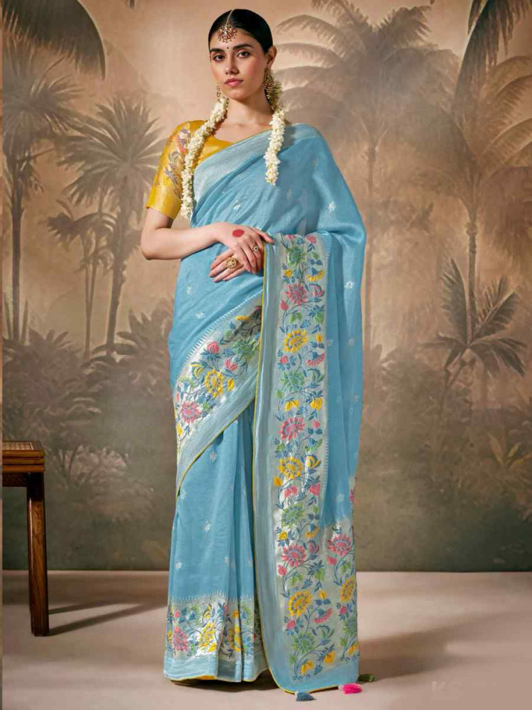 Sky Blue Munga Silk Embroidered Reception Wedding Heavy Border Saree