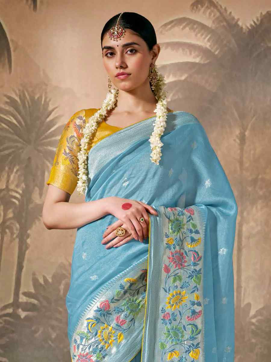 Sky Blue Munga Silk Embroidered Reception Wedding Heavy Border Saree