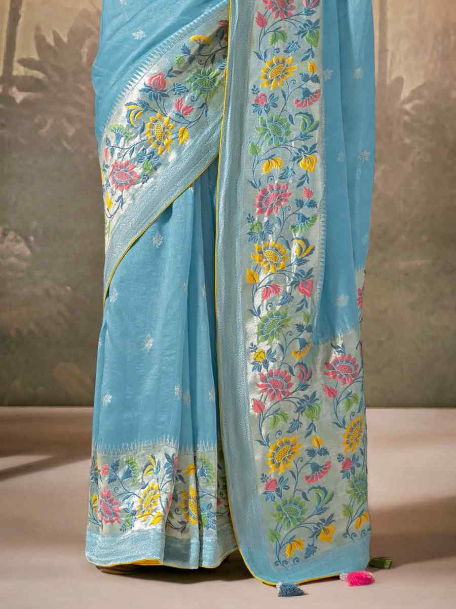 Sky Blue Munga Silk Embroidered Reception Wedding Heavy Border Saree