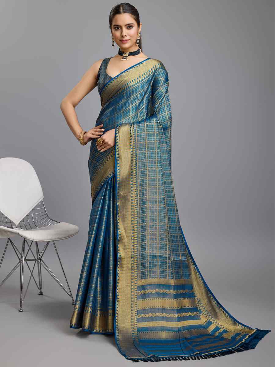 Sky Blue Mysore Brocade Handwoven Festival Wedding Heavy Border Saree