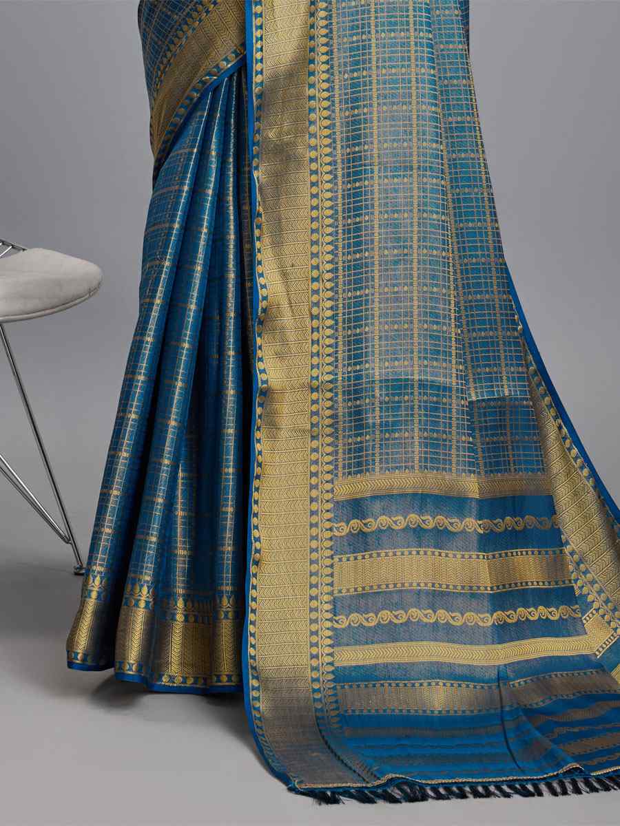 Sky Blue Mysore Brocade Handwoven Festival Wedding Heavy Border Saree