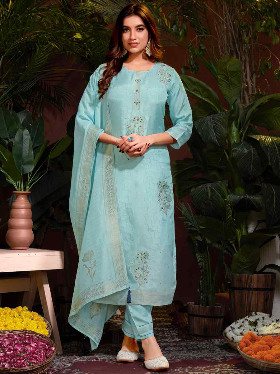 Sky Blue Natural Viscose Embroidered Festival Mehendi Ready Pant Salwar Kameez