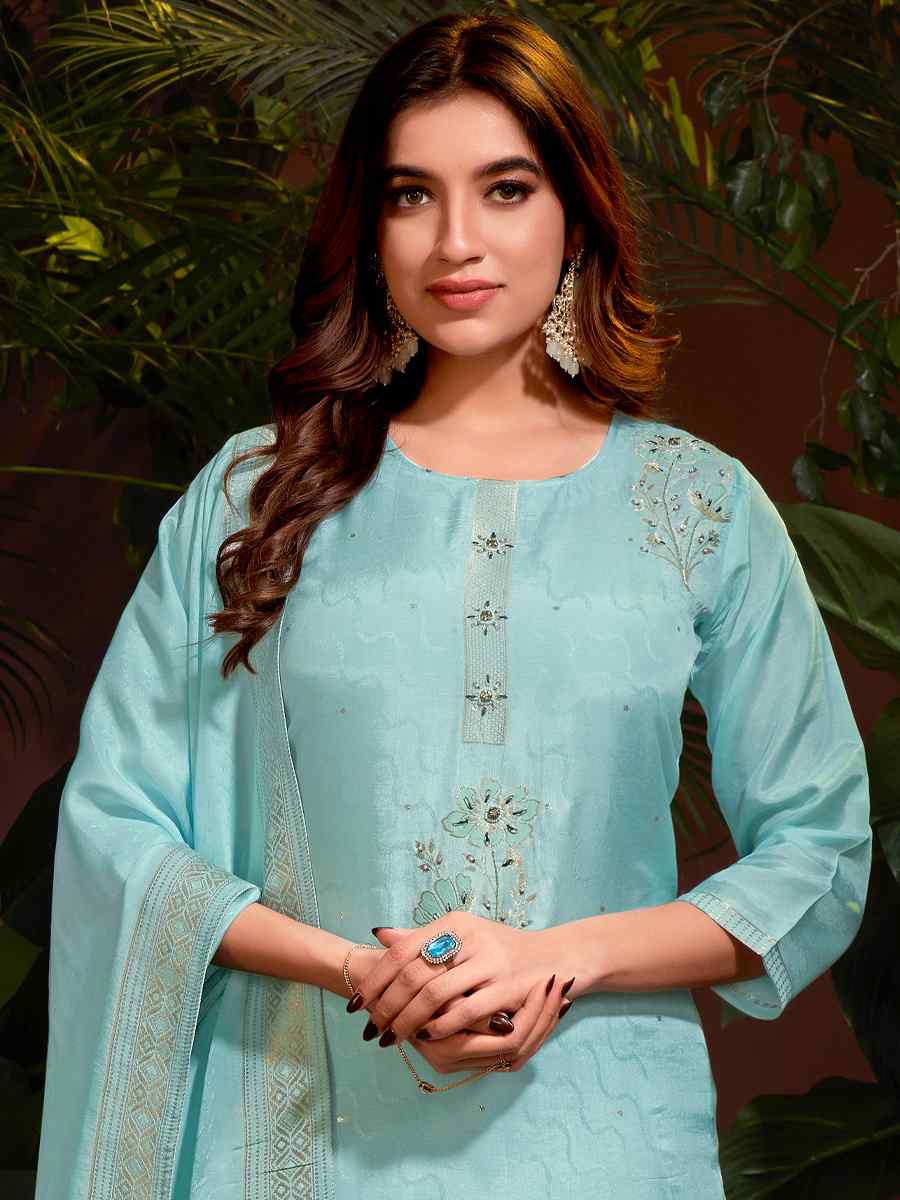 Sky Blue Natural Viscose Embroidered Festival Mehendi Ready Pant Salwar Kameez