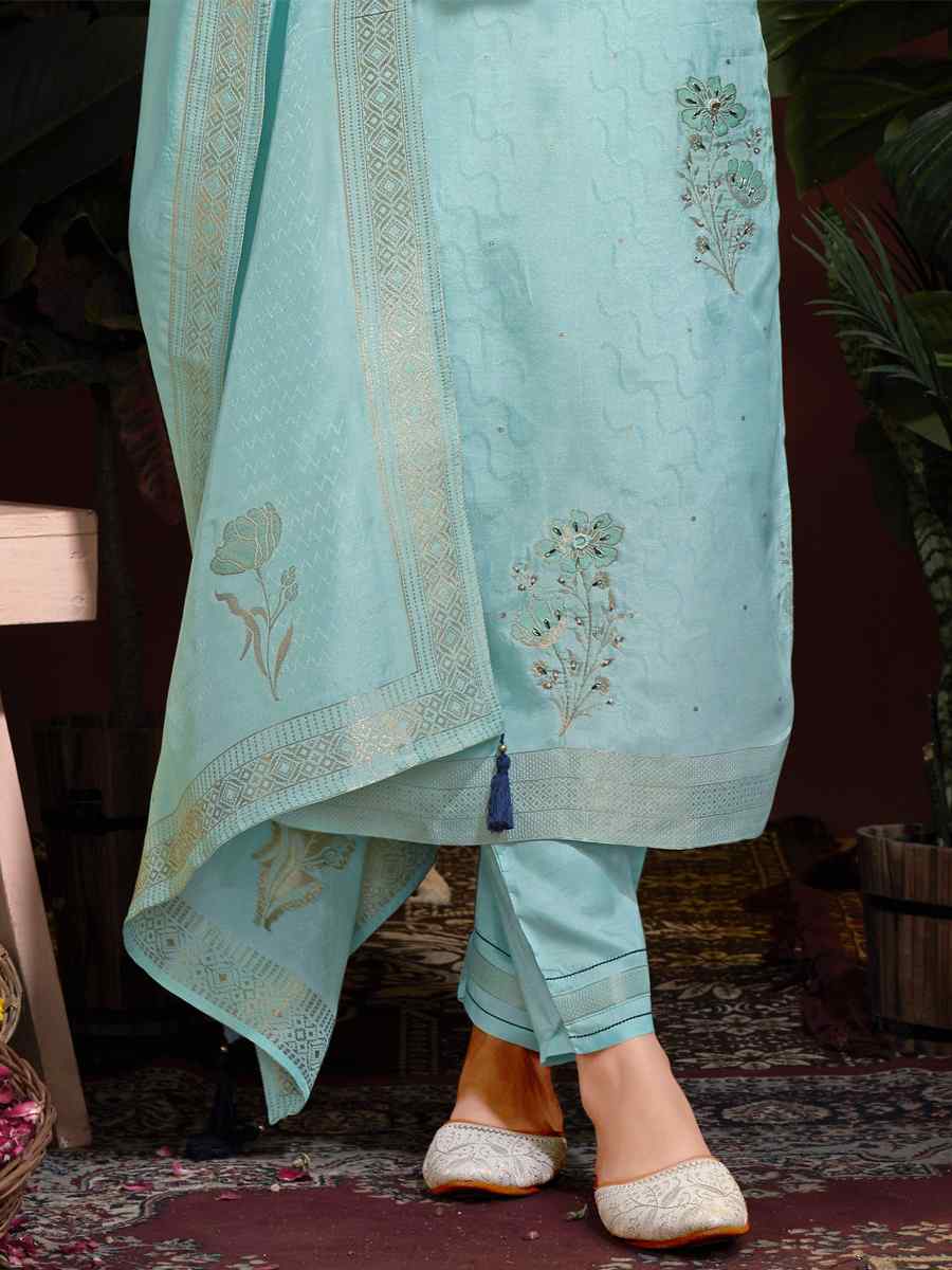 Sky Blue Natural Viscose Embroidered Festival Mehendi Ready Pant Salwar Kameez