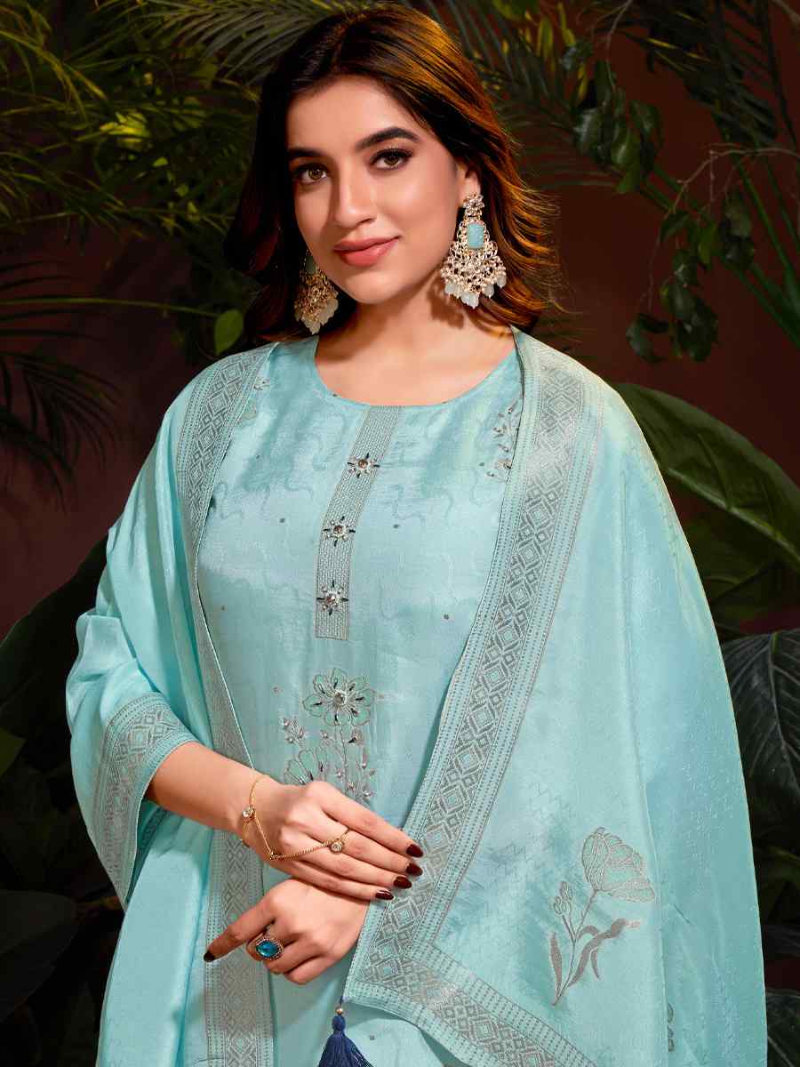 Sky Blue Natural Viscose Embroidered Festival Mehendi Ready Pant Salwar Kameez