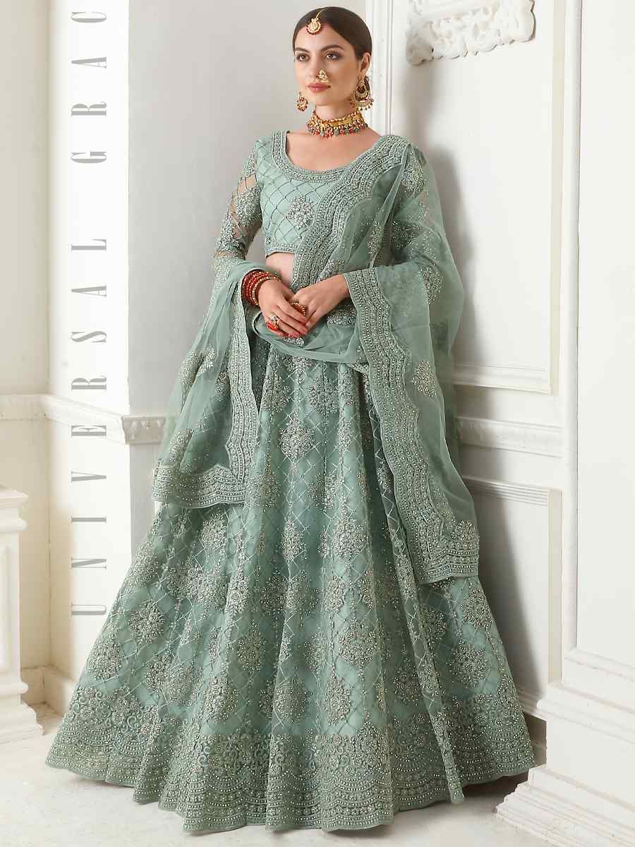 Sky Blue Net Silk Embroidered Bridal Wedding Heavy Border Lehenga Choli