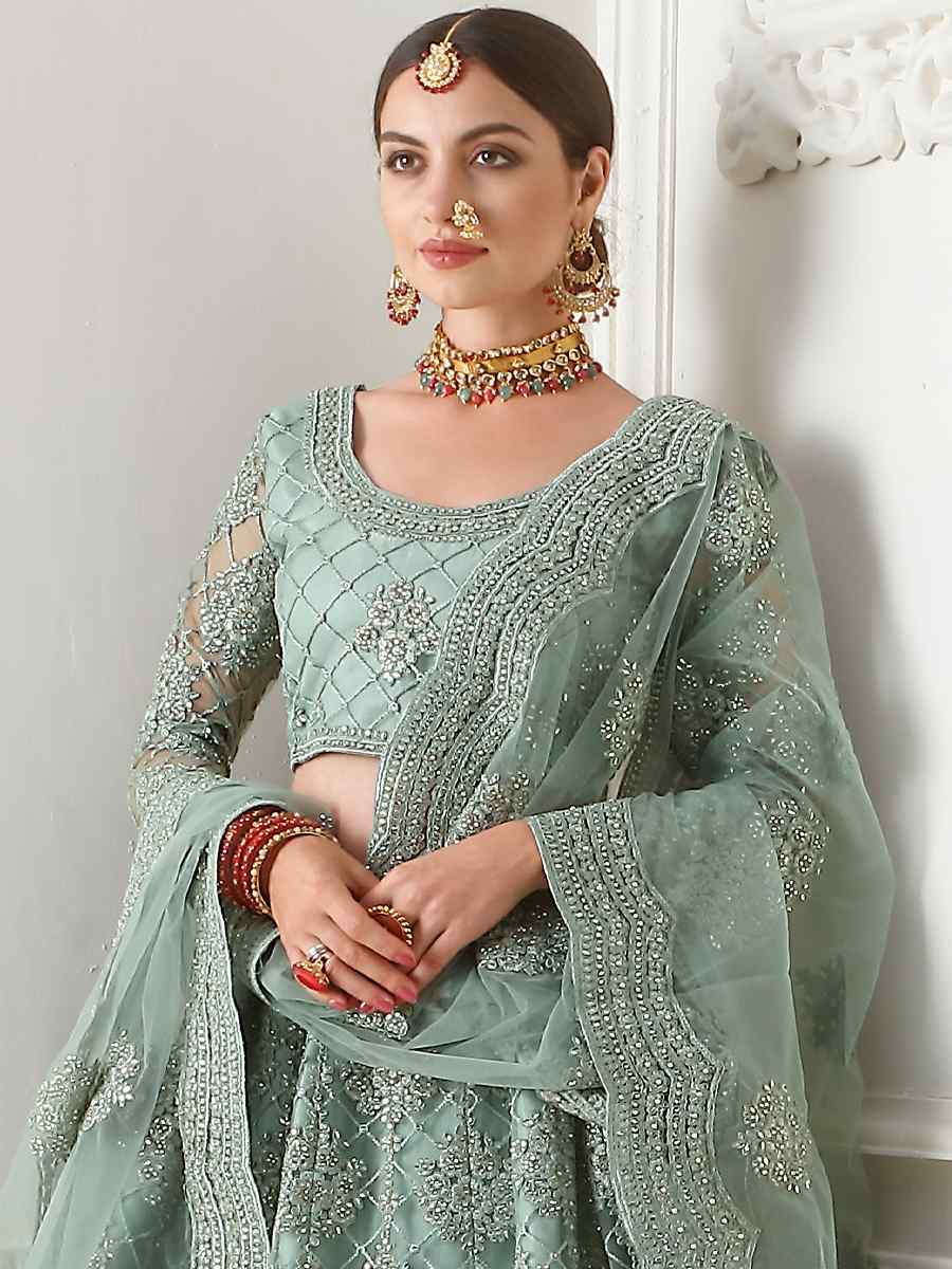 Sky Blue Net Silk Embroidered Bridal Wedding Heavy Border Lehenga Choli