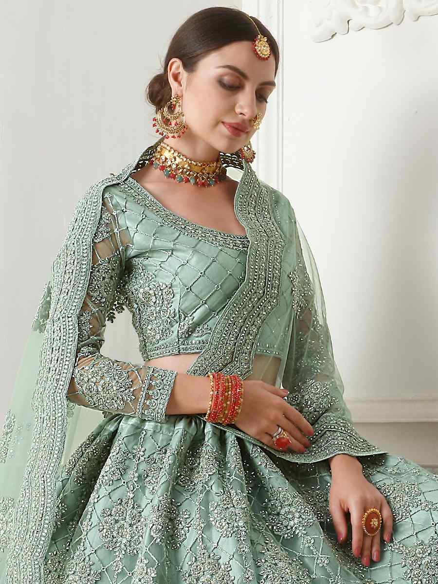 Sky Blue Net Silk Embroidered Bridal Wedding Heavy Border Lehenga Choli