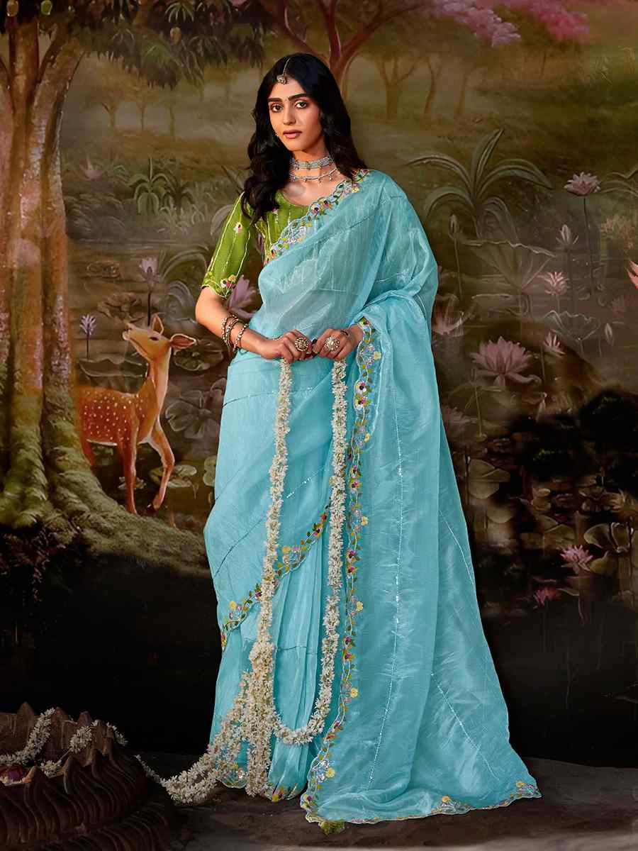 Sky Blue Organza Chiffon Embroidered Reception Party Heavy Border Saree