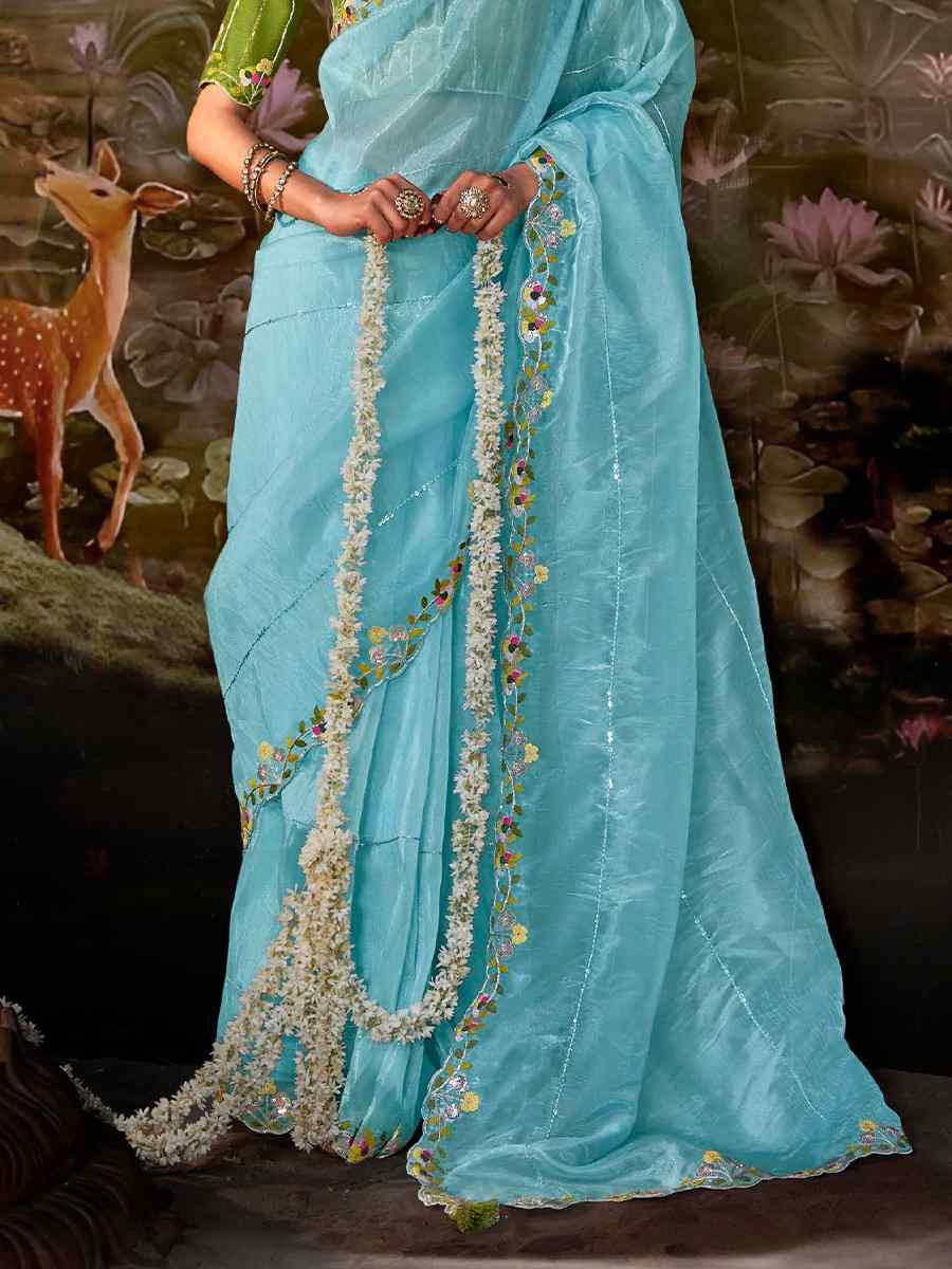 Sky Blue Organza Chiffon Embroidered Reception Party Heavy Border Saree