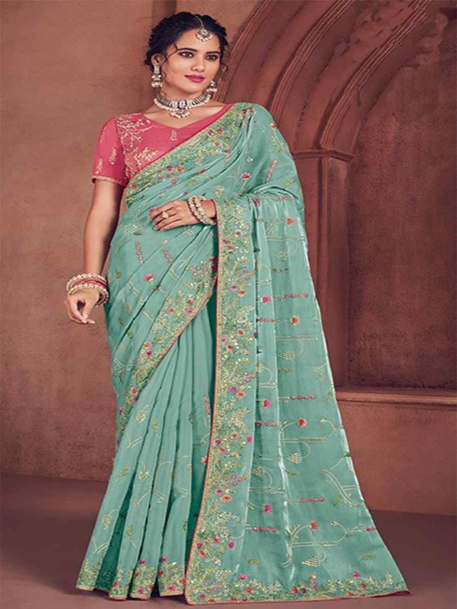 Sky Blue Organza Embroidered Bridesmaid Wedding Heavy Border Saree