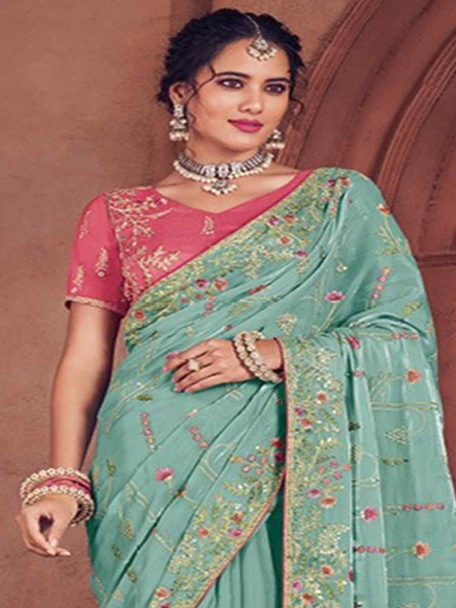 Sky Blue Organza Embroidered Bridesmaid Wedding Heavy Border Saree