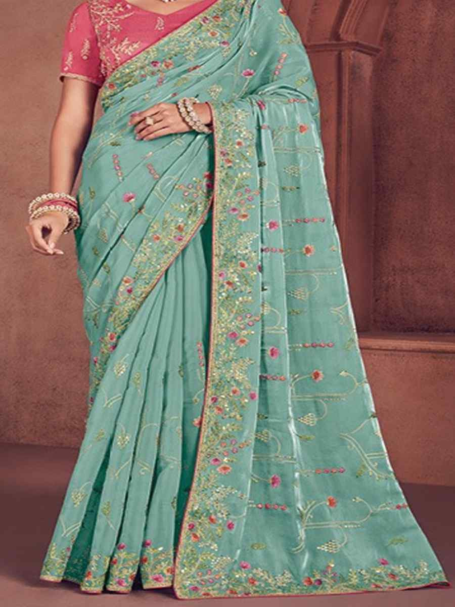 Sky Blue Organza Embroidered Bridesmaid Wedding Heavy Border Saree