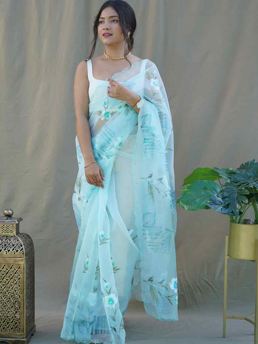 Sky Blue Organza Handwoven Festival Party Classic Style Saree