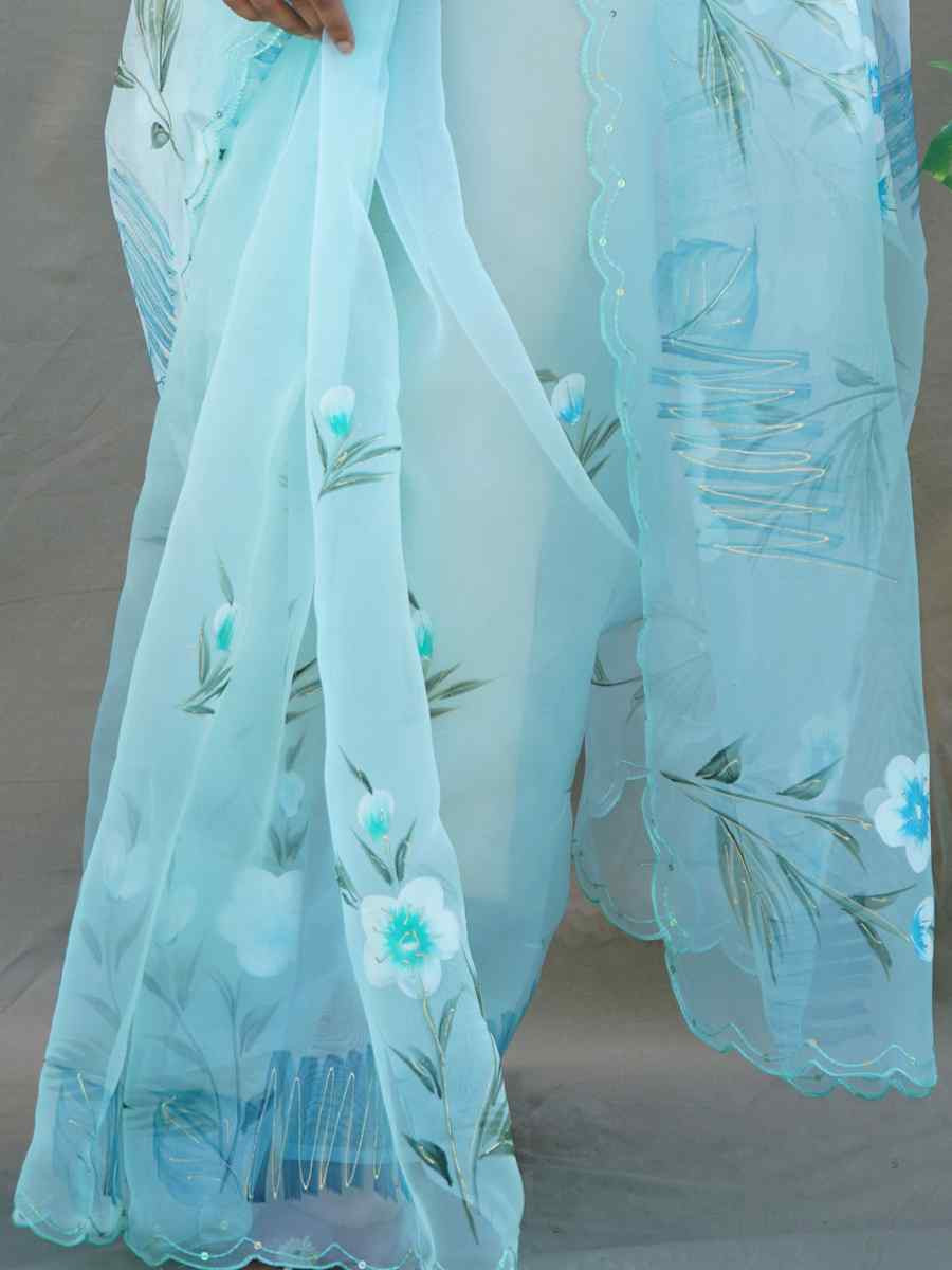 Sky Blue Organza Handwoven Festival Party Classic Style Saree